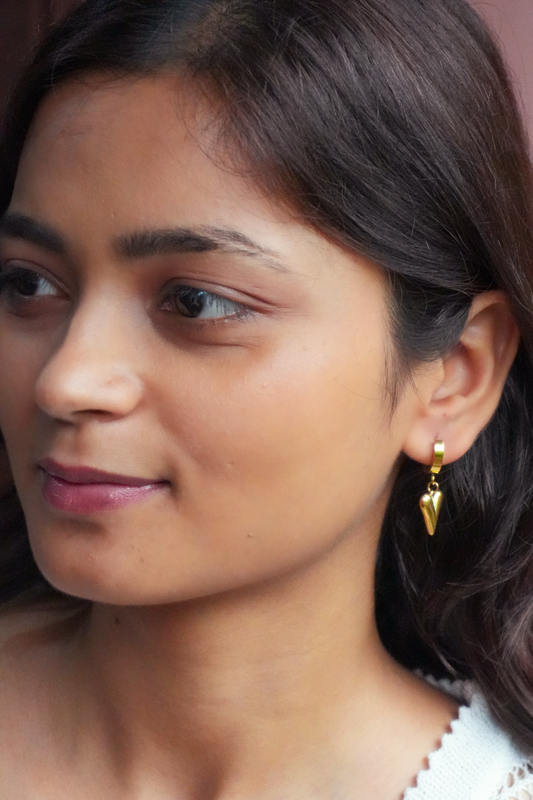 Golden Heart Drop Huggie Earrings