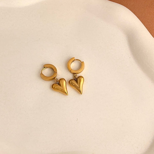 Golden Heart Drop Huggie Earrings