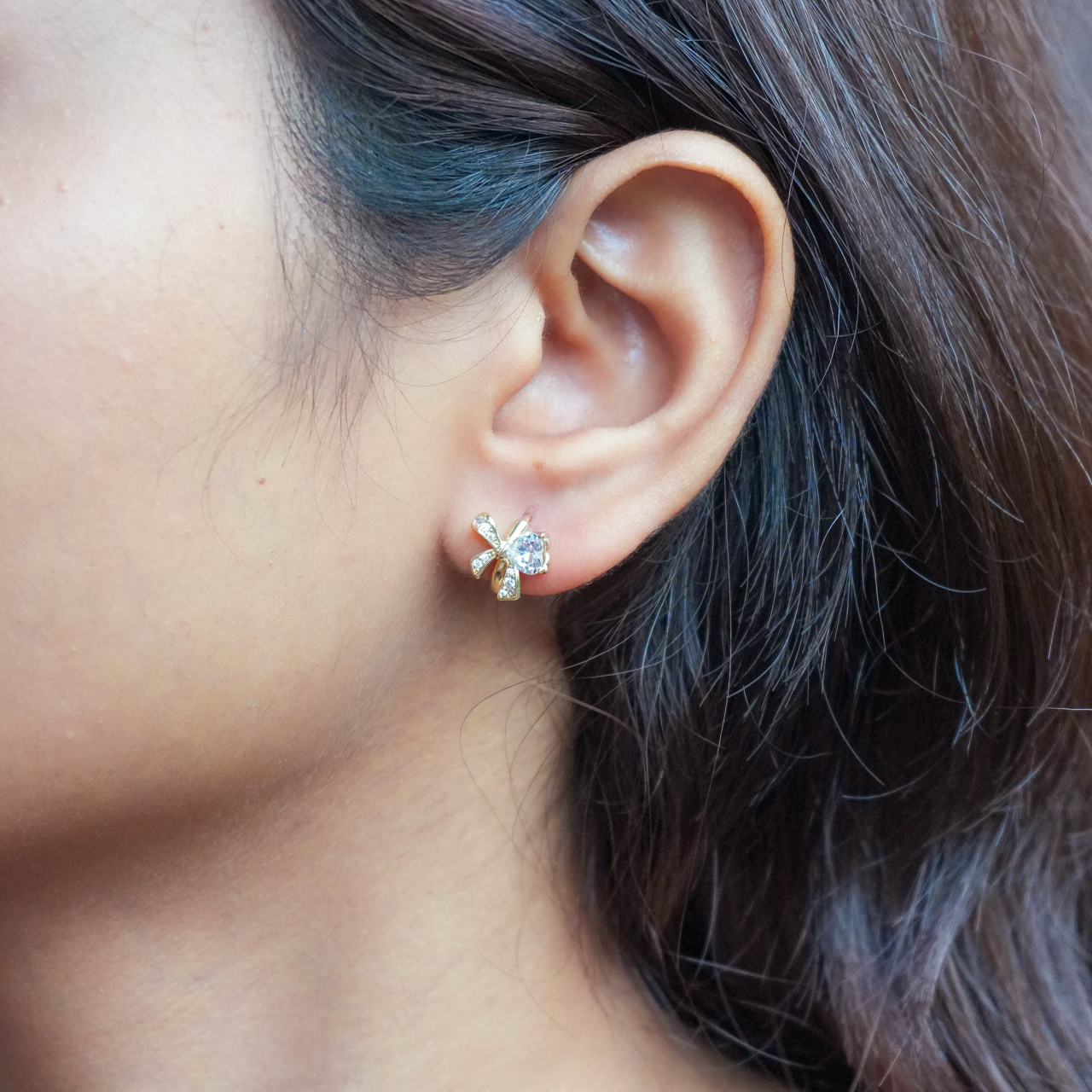 Studded Bow Charm Gold Earrings